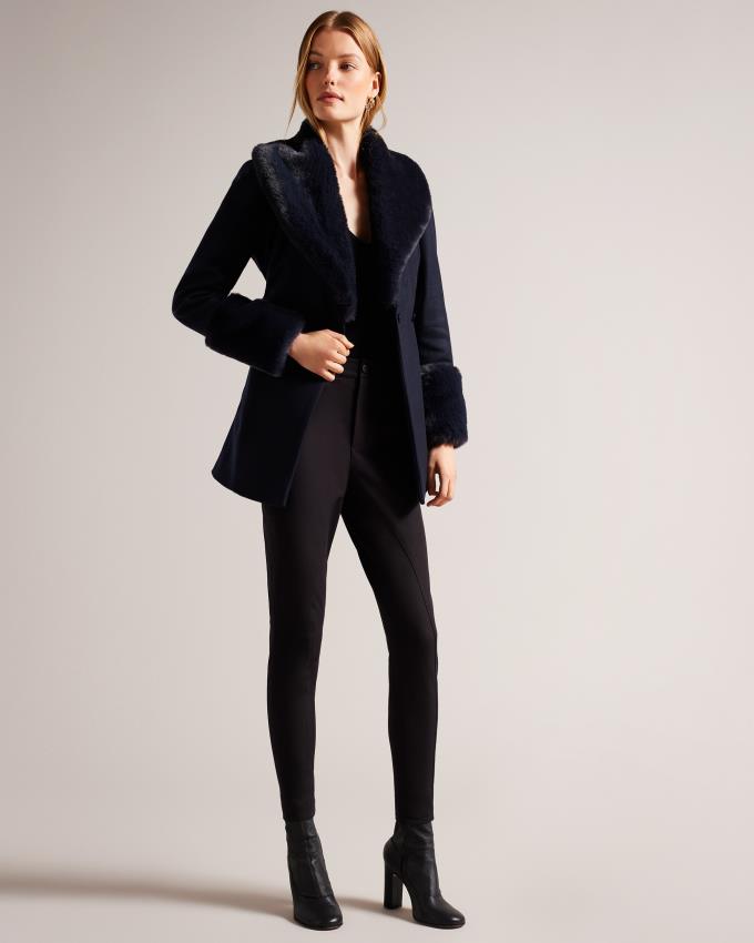 Manteau Ted Baker Belted With Faux Fur Collar and Cuffs Bleu Marine Femme | GNG-19937827